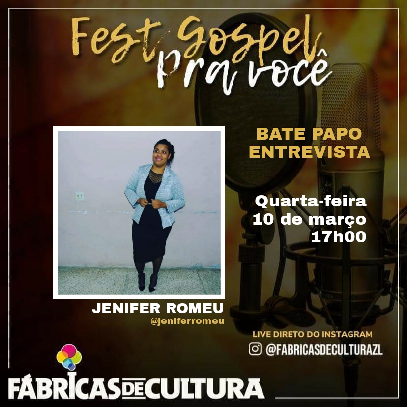 Arte com informações do bate-papo com o nome da artista, data e horário. Ao lado esquerdo tem uma foto da artista com um vestido preto e jaqueta jeans em frente a uma parede branca.