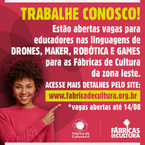 Arte com um fundo pink com uma imagem de uma mulher em destaque do lado esquerdo, ao lado direito está escrito as informações de vagas abertas