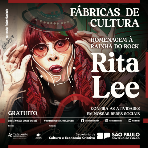 Ilustração da Rita Lee e letras brancas