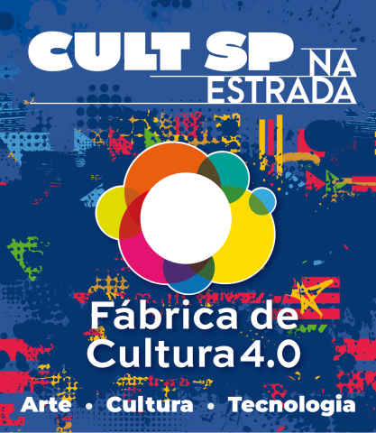 Logo Fábricas de Cultura e Cult SP na Estrada no fundo azul, com letras brancas e elementos coloridos.