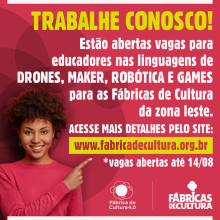 Arte com um fundo pink com uma imagem de uma mulher em destaque do lado esquerdo, ao lado direito está escrito as informações de vagas abertas