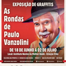 imagem de Paulo Vanzolini no fundo vermelho com letras brancas